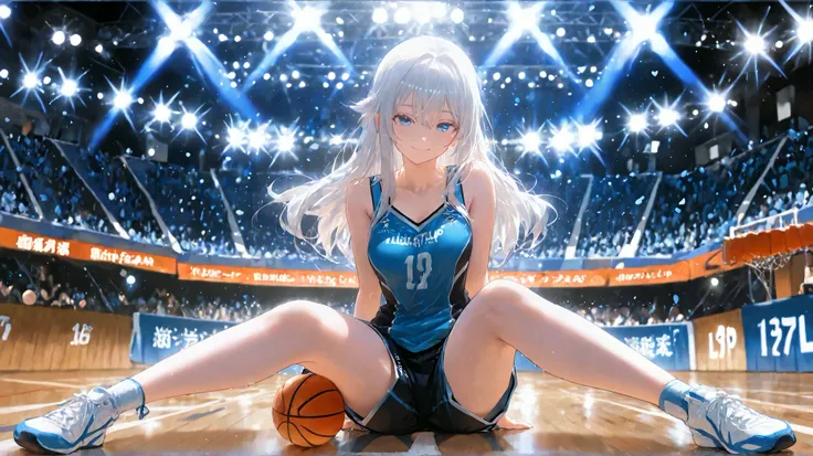 Alisa sitting on basketball wooden floor, folding legs, white hair, blue eyes, pick up the basket ball in his one hand, and one hand on the floor for balance support, she takes black basketball shorts dress, giving a cute smile, Beutiful, a Beutiful basket...