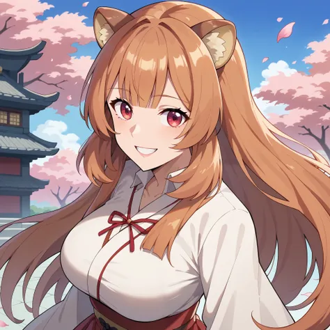 "raphtalia, a beautiful young woman with bright orange hair and deep red eyes. Her rounded animal ears peek out of her silky hair.  happy smile,  big, firm breasts. wears an elegant traditional Miko outfit. Her hair up to her back, 
Her white kosode and re...