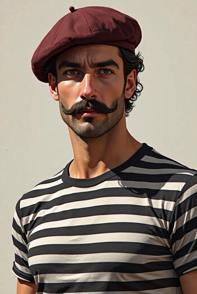 
Italian man wearing maroon beret, mustache and black and white striped t-shirt 