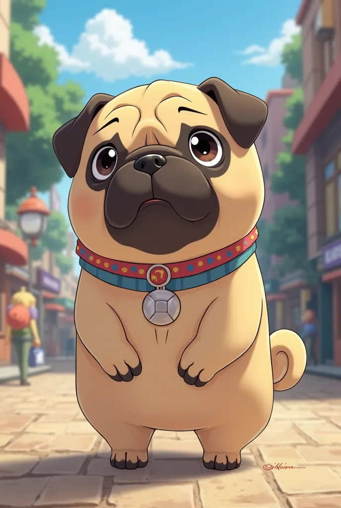 Human-shaped anime character looking like a pug dog 
