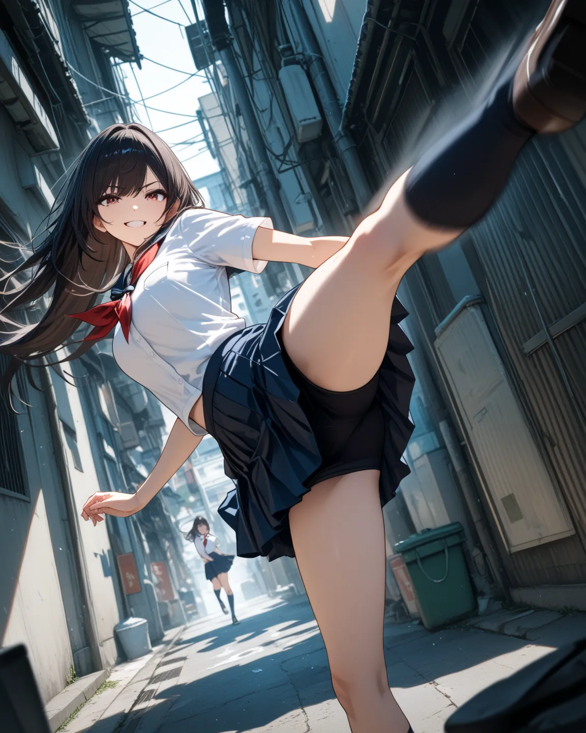 1girl,original,safe,solo,school uniform,miniskirt,perfect anatomy,grin,looking at viewer, action pose, kicking, high-kick,alley, Dutch angle,depth of field,motion blur,masterpiece,high score,great score,absurdres,