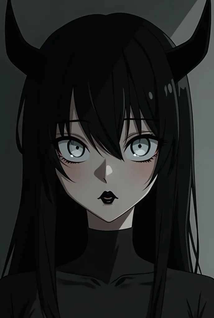 Create an image of a woman with a fine-lined face, white eyes with a small black pupil, short horns on her forehead, long straight black hair slightly covering her face, black lips and gray skin with an adult anime appearance with a lock of fringe between ...