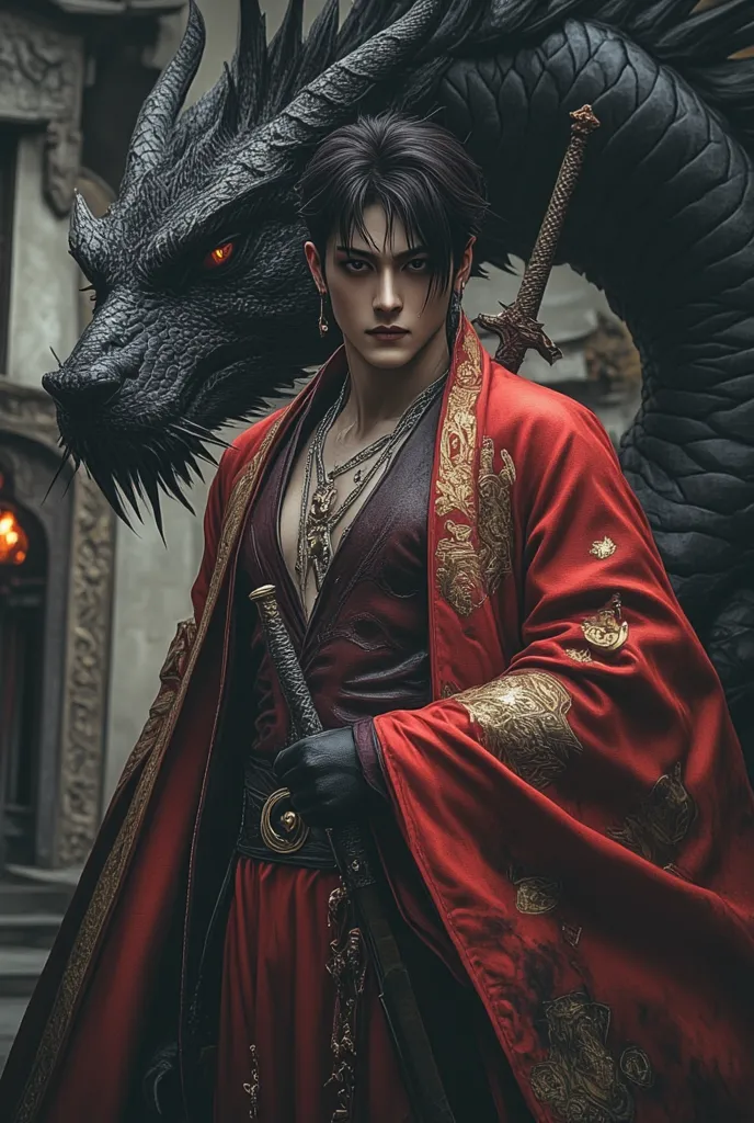 นักฆ่ายากุซ่าชุดแดงถือดาบคาตานะญี่ปุ่นในตำนาน There's a black dragon behind it.
ผู้สมจริงสูง, , a 4K high-resolution full-body digital painting of a stunningly handsome Korean vampire slayer, exuding an  concentrated  and captivating aura. a sharp but deli...