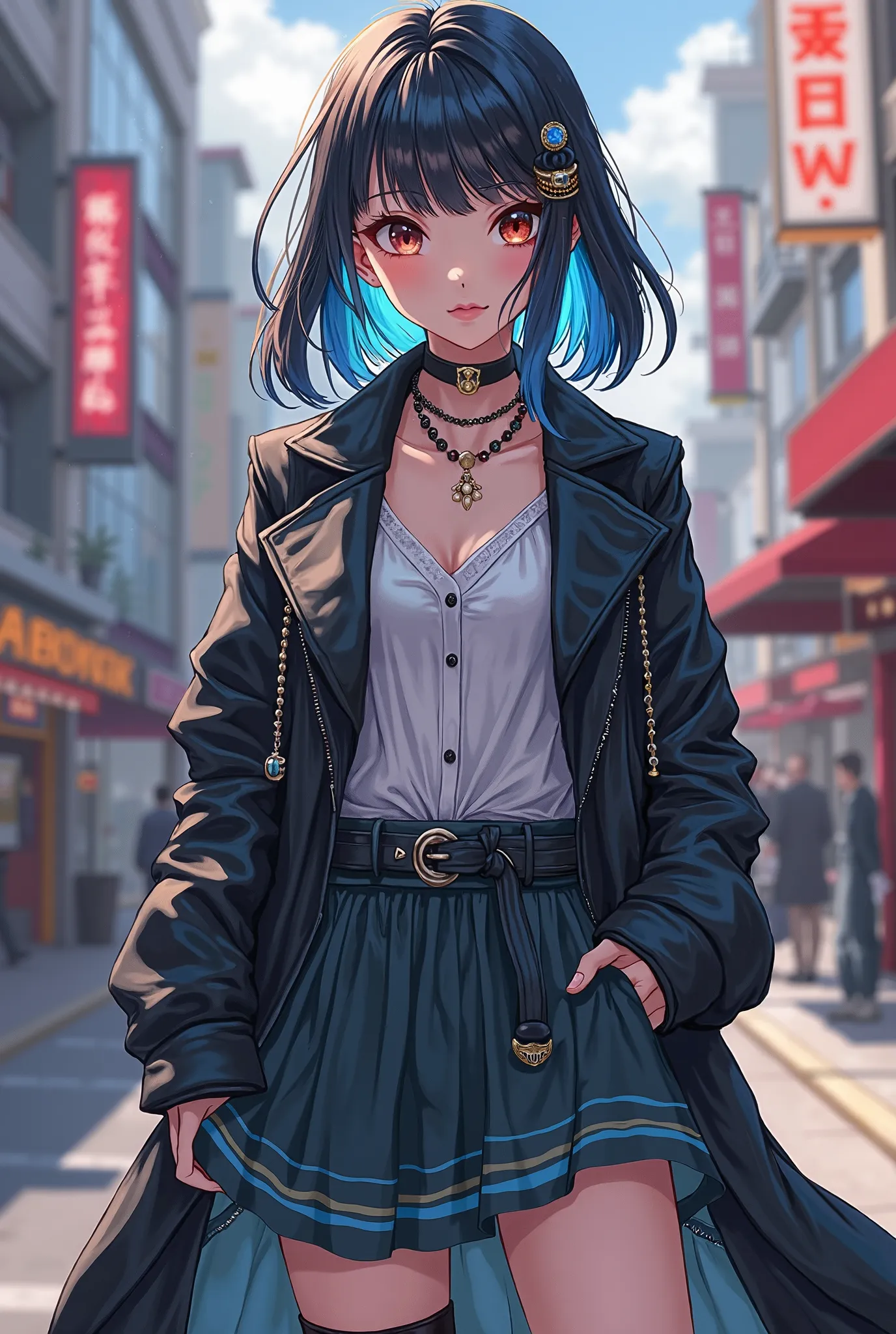 Anime girl design, medium hair, hair color blue with black, street fashion outfit, age 18, full body foot skirt