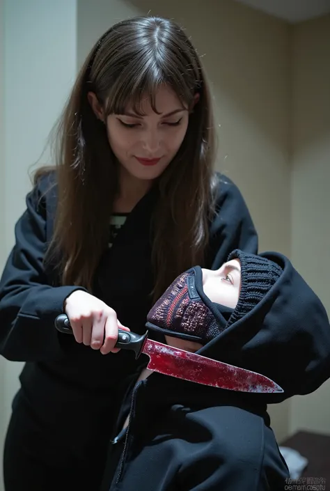 Realistic, A Very beautiful woman, cut throat a boy, boy full face mask close, neck bloody splash, neck slashed, throat contents, boy dead, woman knife, woman very thick hair, woman rich beauty, boy hoodie, woman kill boy, woman white dress, woman very big...