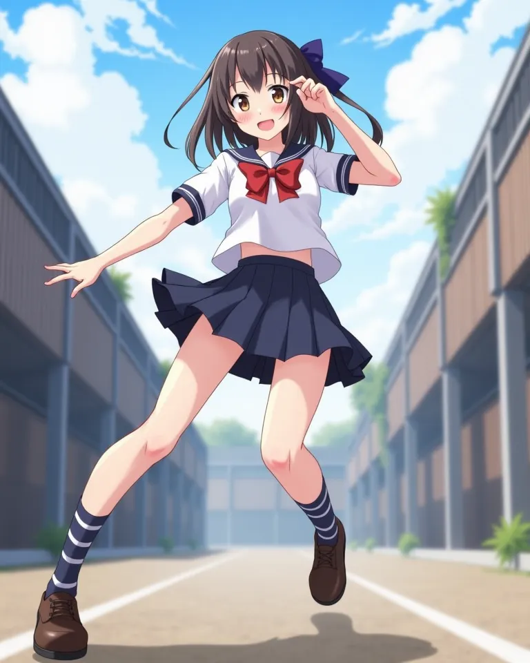 1girl,original,safe,solo,school uniform,miniskirt,perfect anatomy,grin,looking at viewer, action pose, kicking, alley, Dutch angle,depth of field,motion blur,masterpiece,high score,great score,absurdres,