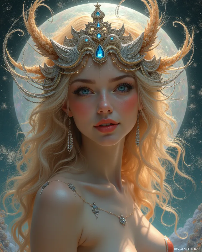 A hyper-realistic 4K Art Nouveau digital painting of a nude goddess of illusion, she smiles cutely, her body naked, her hair shifts in surreal colors, adorned with glowing floating masks and swirling mirages, surrounded by intricate iridescent and silver d...