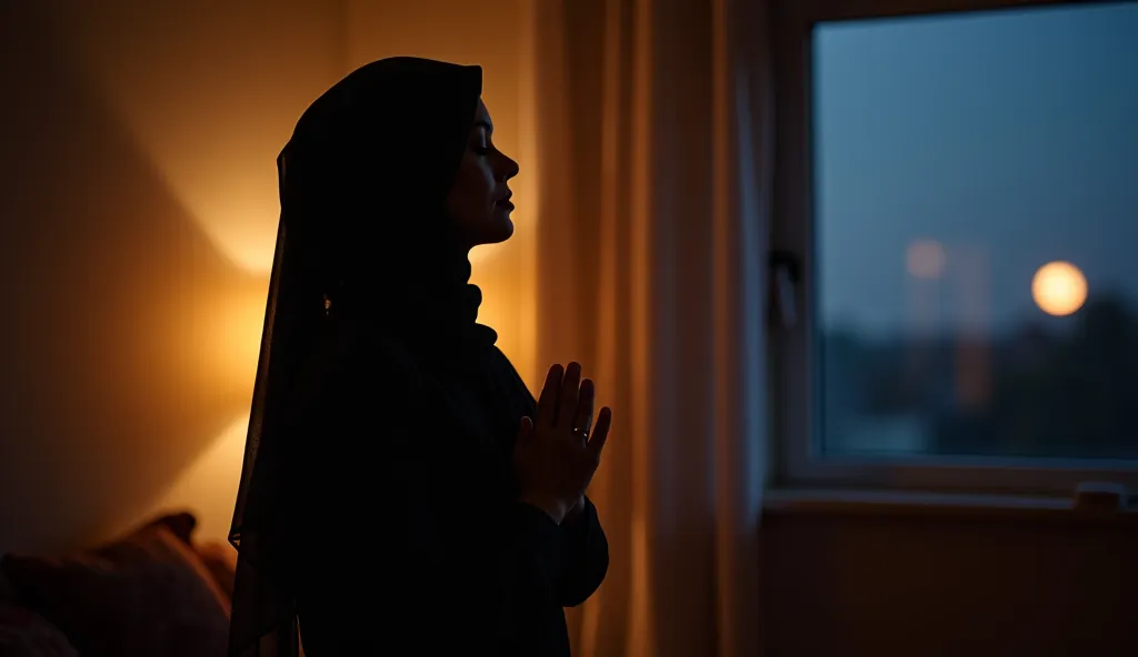 "A 27 to 30-year-old woman is standing in prayer at midnight in a softly lit room. She is wearing a modest Islamic prayer dress in black and maroon, and her face is not visible. She stands humbly with her hands folded on her chest in the traditional Islami...