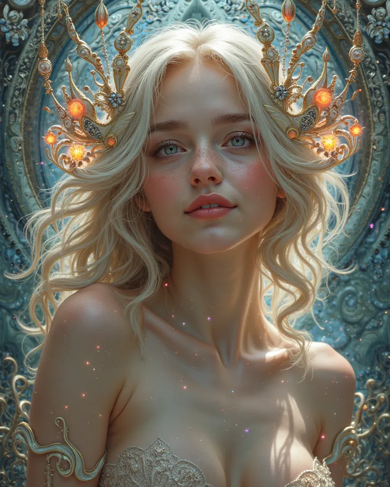 A hyper-realistic 4K Art Nouveau digital painting of a nude goddess of illusion, she smiles cutely, her body naked, her hair shifts in surreal colors, adorned with glowing floating masks and swirling mirages, surrounded by intricate iridescent and silver d...