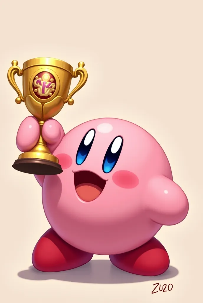 A Kirby with a championship cup in one hand, and swallowing a name