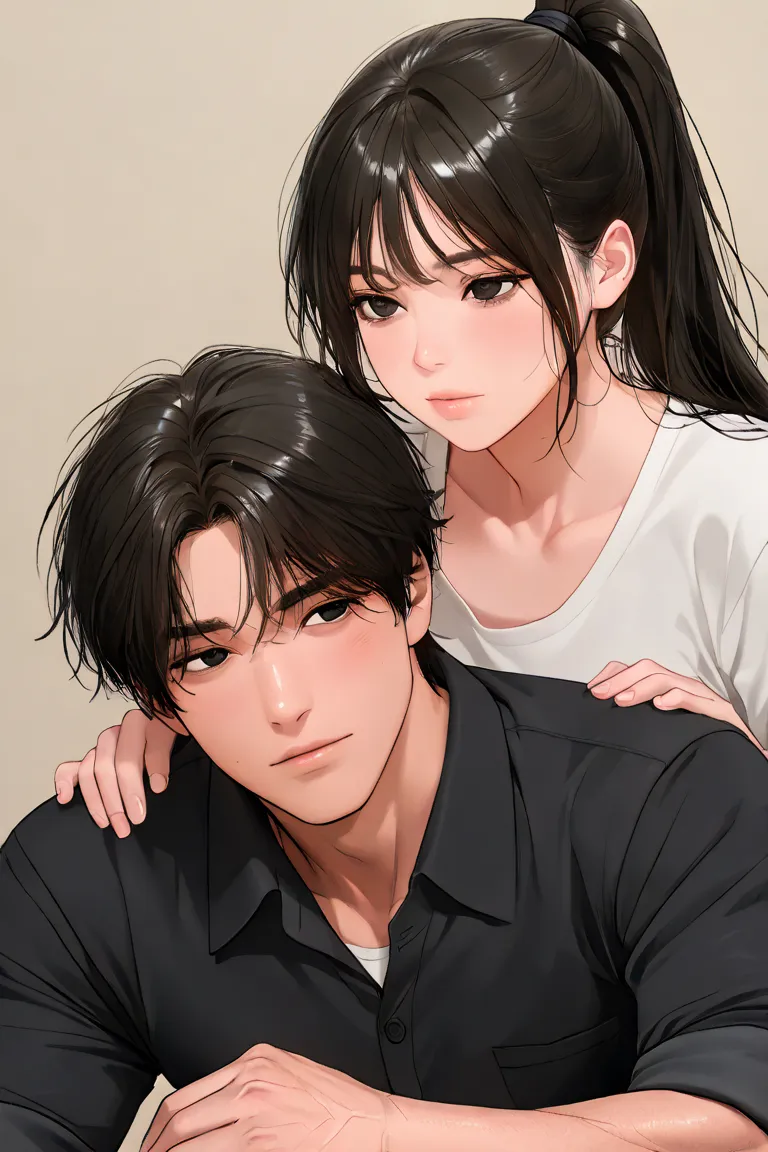  "A semi-realistic digital painting of a young man and woman interacting intimately, both positioned at a 45-degree side angle, facing slightly towards each other. The man has messy dark hair, sharp facial features, and wears a black button-up shirt with s...