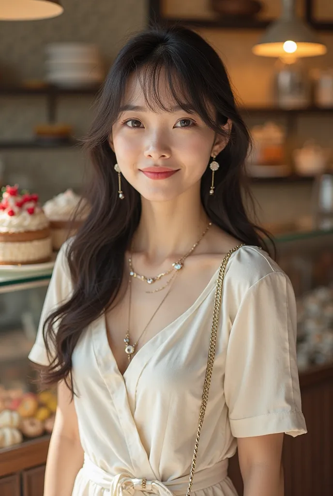 close up photography of a beautiful Asian woman wearing a knee-length cream dress, white sneakers, long hair with bangs, a slightly chubby body, wearing a necklace, earrings, a watch, standing in a cake shop, wearing a small bag, looking focused on the cam...