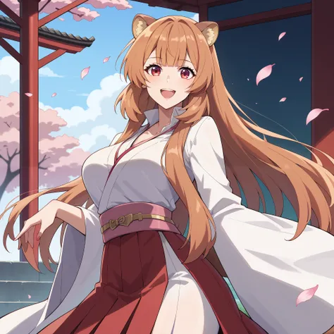 "raphtalia, a beautiful young woman with bright orange hair and deep red eyes. Her rounded animal ears peek out of her silky hair.  happy smile,  big, firm breasts. wears an elegant traditional Miko outfit. Her hair up to her back, 
Her white kosode and re...