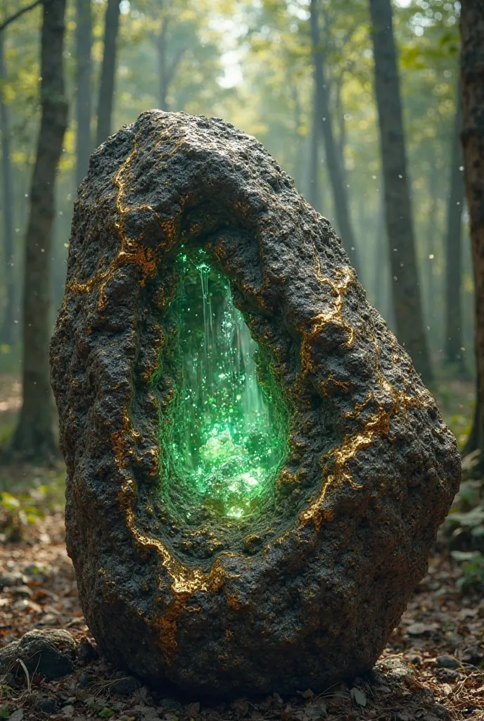 "**A close-up of a large, rugged stone** with a dark brown color and golden-silver veins running through it. The surface has a natural, rocky texture with a faint green glow emanating from within. Embedded crystals sparkle inside the stone, reflecting ligh...