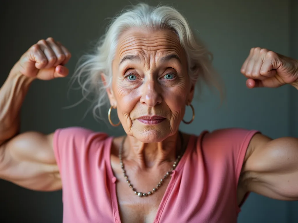 RAW photo , full body portrait of a fearful beautiful 70 year old woman with muscle, flexing biceps. wrinkled face , pink summer dress , full sharp , detailed face , blue eyes , high detailed skin , 8k uhd , dslr , soft lighting , high quality , film grain...