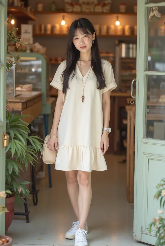 Full bodi  photography of a beautiful Asian woman wearing a knee-length cream dress, white sneakers, long hair with bangs, a slightly chubby body, wearing a necklace, earrings, a watch, standing in a cake shop, wearing a small bag, looking focused on the c...