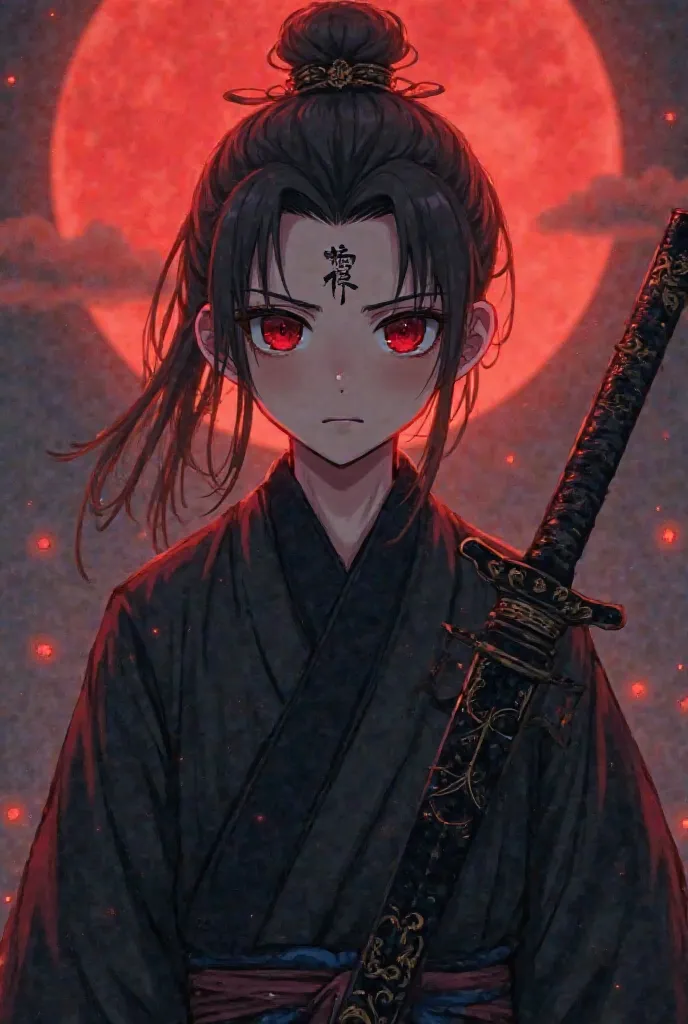 An 18-year-old boy, wearing a black ancient Chinese costume, with a black sword at his waist, blood-red pupils, and a blood-red moon in the distance at night in the background, with Chinese characters between his eyebrows.