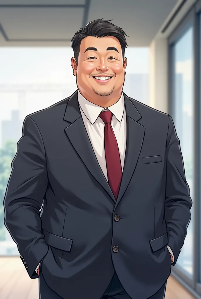 A middle-aged Japanese businessman, anime style, overweight, wearing a well-fitted dark navy suit, white dress shirt, elegant deep red tie, neatly trimmed beard, short neatly combed black hair, warm and confident smile, standing in a bright modern office, ...