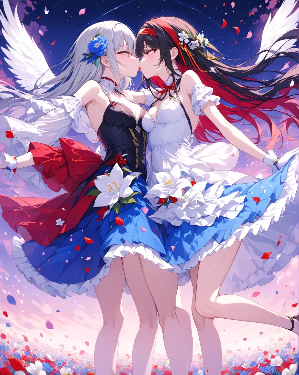 victory、best quality、great quality、girl、anime、２人のgirl、give a gentle kiss、beautiful、delicate、Ultra High Resolution、battle、Engulfed in flames、Countless colorful petals dance、and one has black hair and a red headband in a red dress、The other one has silver ha...