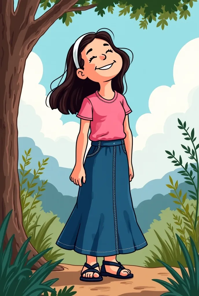 generate this description into snoopy art style illustraion cartoon, a girl wearing pink shirt with denim maxi mermaid skirt style with white headband and wearing black sandals while laughing or in candid style. The background was in my left side near me w...