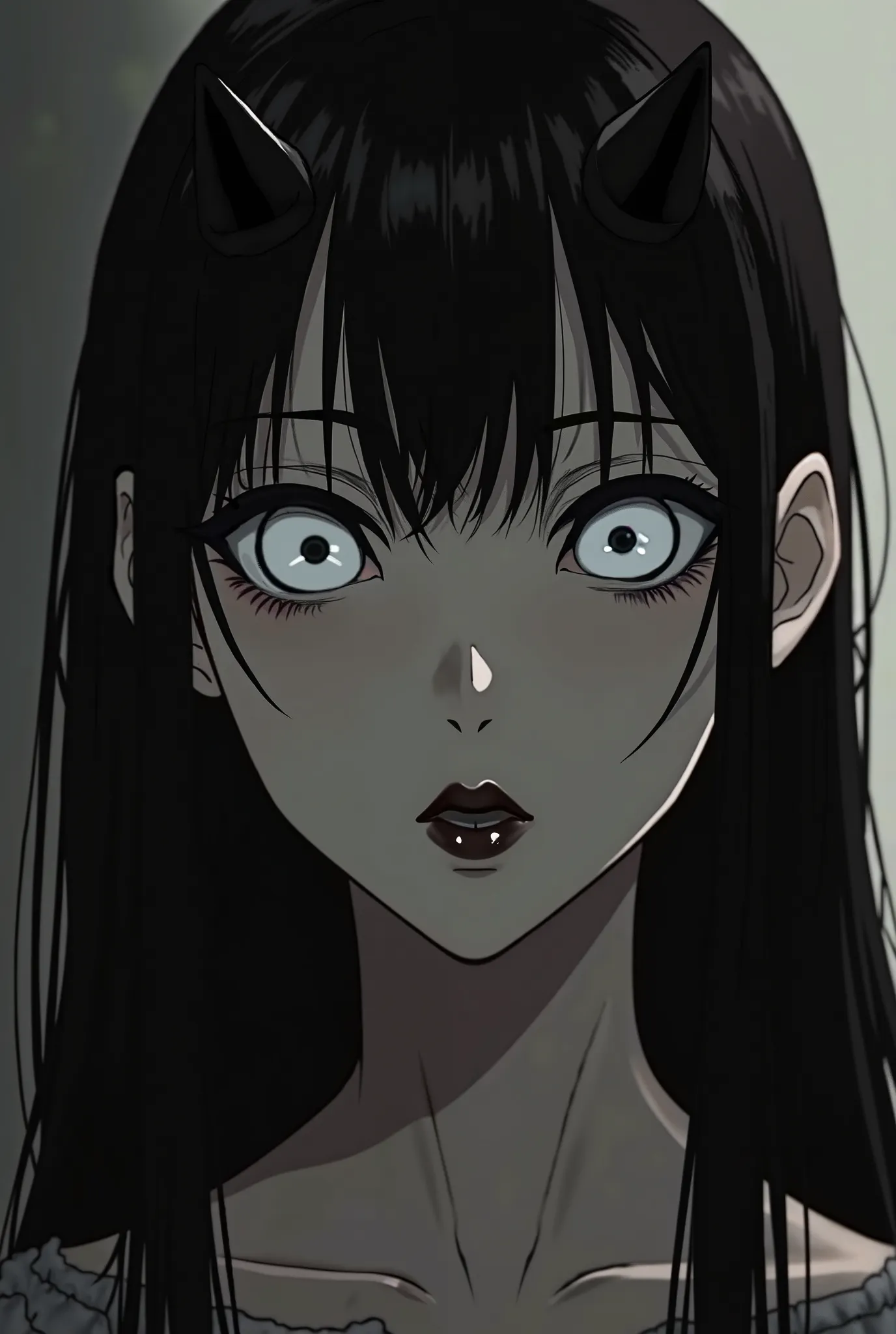 Create an image of a woman with a face with fine lines, white eyes with a small black pupil, short horns on her forehead, long straight black hair slightly covering her face, black lips and gray skin with an adult anime appearance with a lock of fringe bet...