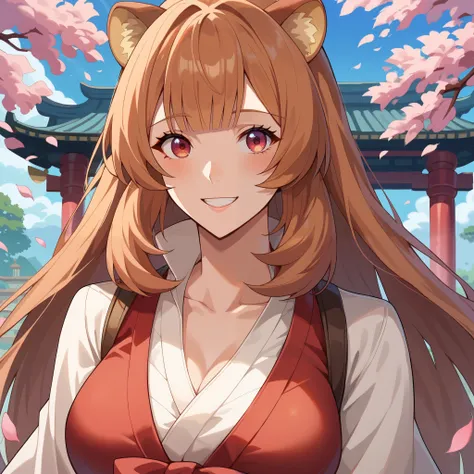 "raphtalia, a beautiful young woman with bright orange hair and deep red eyes. Her rounded animal ears peek out of her silky hair.  happy smile,  big, firm breasts. wears an elegant traditional Miko outfit. Her hair up to her back, 
Her white kosode and re...