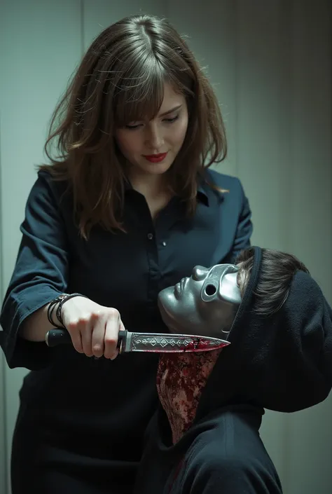 Realistic, A Very beautiful woman, cut throat a boy, boy full face mask close, neck bloody splash, neck slashed, throat contents, boy dead, woman knife, woman very thick hair, woman rich beauty, boy hoodie, woman kill boy, woman white dress, woman very big...