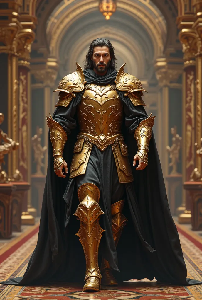 Imposing and detailed warrior prince in golden armor with bulky black cape walking in his palace. Handsome and strong man with shoulder-length hair and short beard. ultra realistic, 8k.