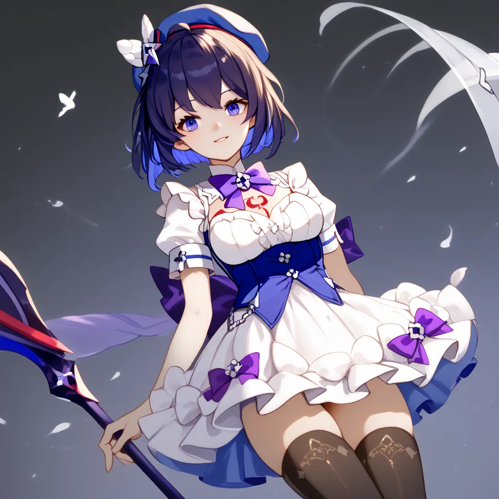 ((​masterpiece))、((top quality))、soul,Azure Memories, 1girl ,medium breast,purple eyes,short hair,dark blue hair,blue inner hair,ahoge,red tattoo on the breast,beret , black thighhighs, bow, bowtie, dress, hat, puffy short sleeves, puffy sleeves, purple bo...