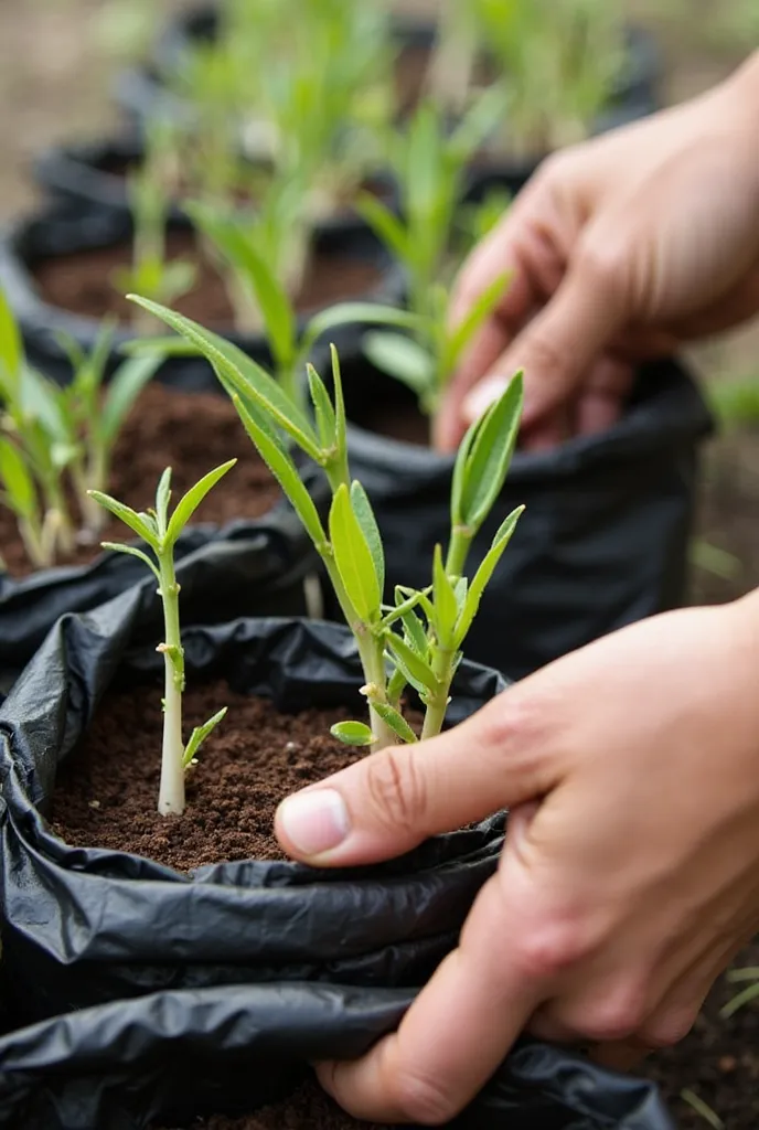 Days later, you observe the most developed açaí seedlings, with thin stems and vibrant green leaves. Your hands slide over the edge of the black bags, feeling the soil still moist from the last watering. The smell of fertile soil and young sprouts fills th...