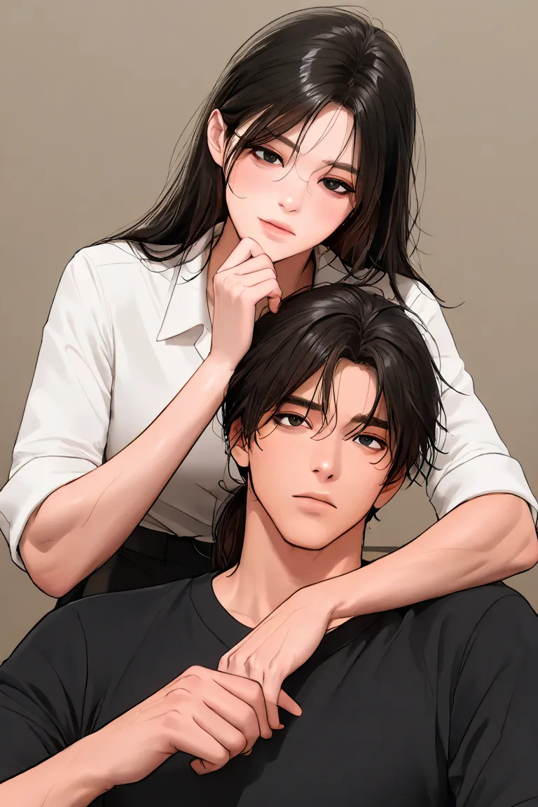  "A semi-realistic digital painting of a young man and woman interacting intimately, both positioned at a 45-degree side angle, facing slightly towards each other. The man has messy dark hair, sharp facial features, and wears a black button-up shirt with s...