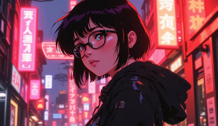 short-haired woman with black glasses, college jacket, neon lights, anime, blurred background