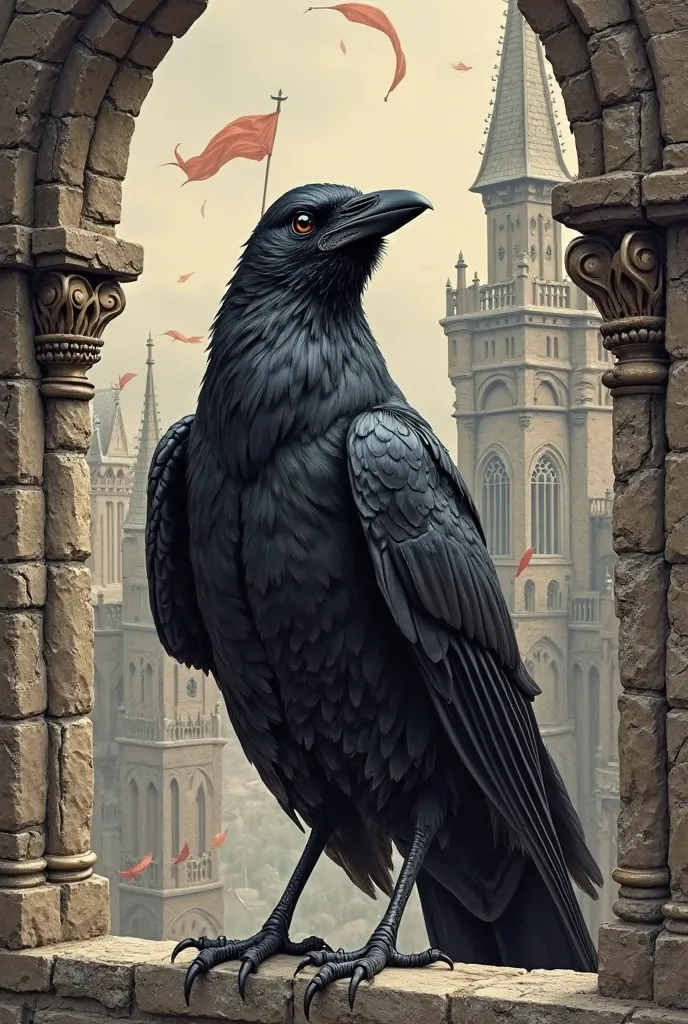 A crow with a warm personality on the outside but a cold heart is drawing in a medieval style place