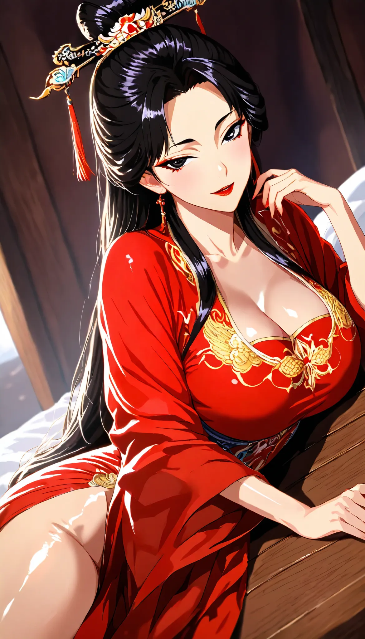 SOLO, A Female ,Perfect body ,Shiny skin,Oppai, (Black hair, Chinese long hair,hair bun),Black eyes,Lying On a Chinese Wooden Bed, Wearing A red Chinese Hanfu, In the Chinese classical room,Red lips,Torogao, seductive smile,UHD, anatomically correct, maste...