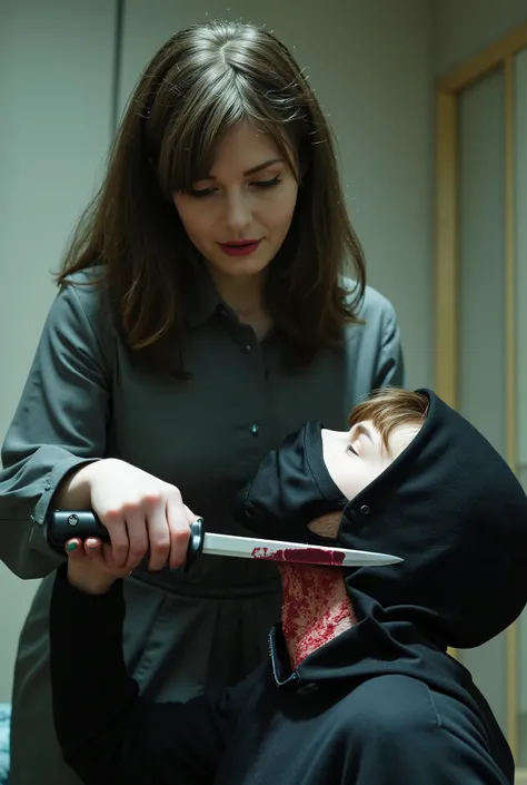 Realistic, A Very beautiful woman, cut throat a boy, boy full face mask close, neck bloody splash, neck slashed, throat contents, boy dead, woman knife, woman very thick hair, woman rich beauty, boy hoodie, woman kill boy, woman white dress, woman very big...