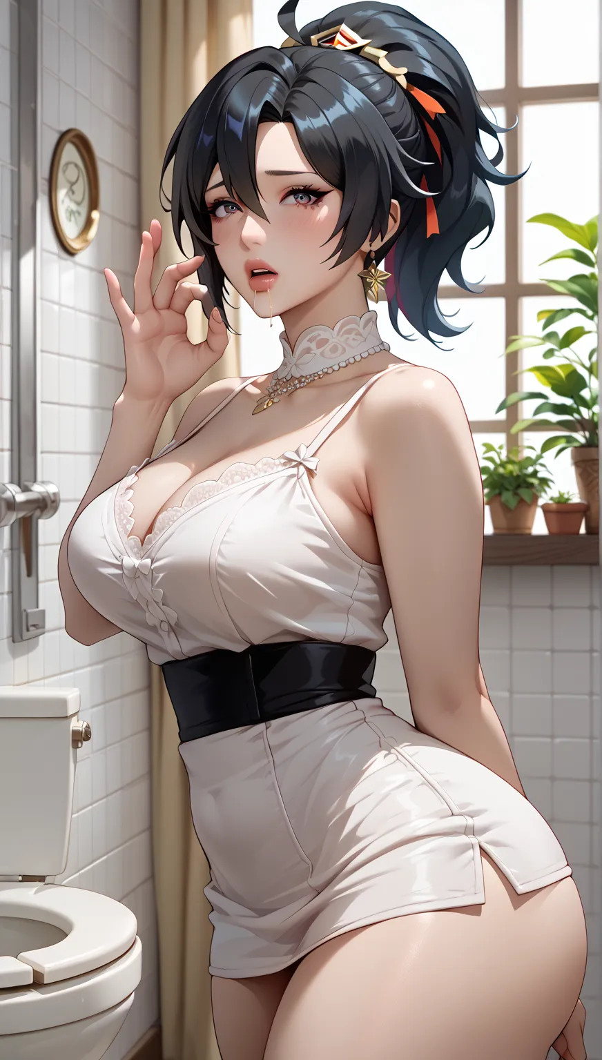 (masterpiece, best_quality:1.2), 1girl, solo, mature female, Zhu Yuan Zenless Zone Zero, black hair, ponytail, (housewife:1.5,), beautiful eyes, female focus, looking at viewer, medium breast, thick thighs, wide hips, ((solo)) detailed, very high resolutio...