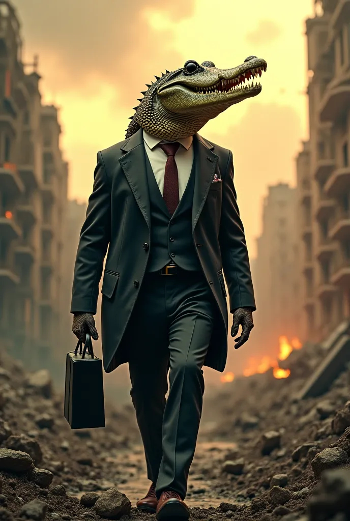 crocodile in a suit in a nuclear war 