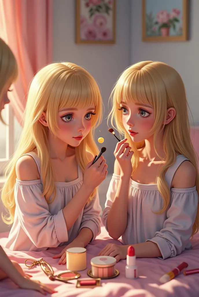 two twing blonde girls are doing makeup and other girly activities in her bedroom, while a third girl stands gazing shocked at them