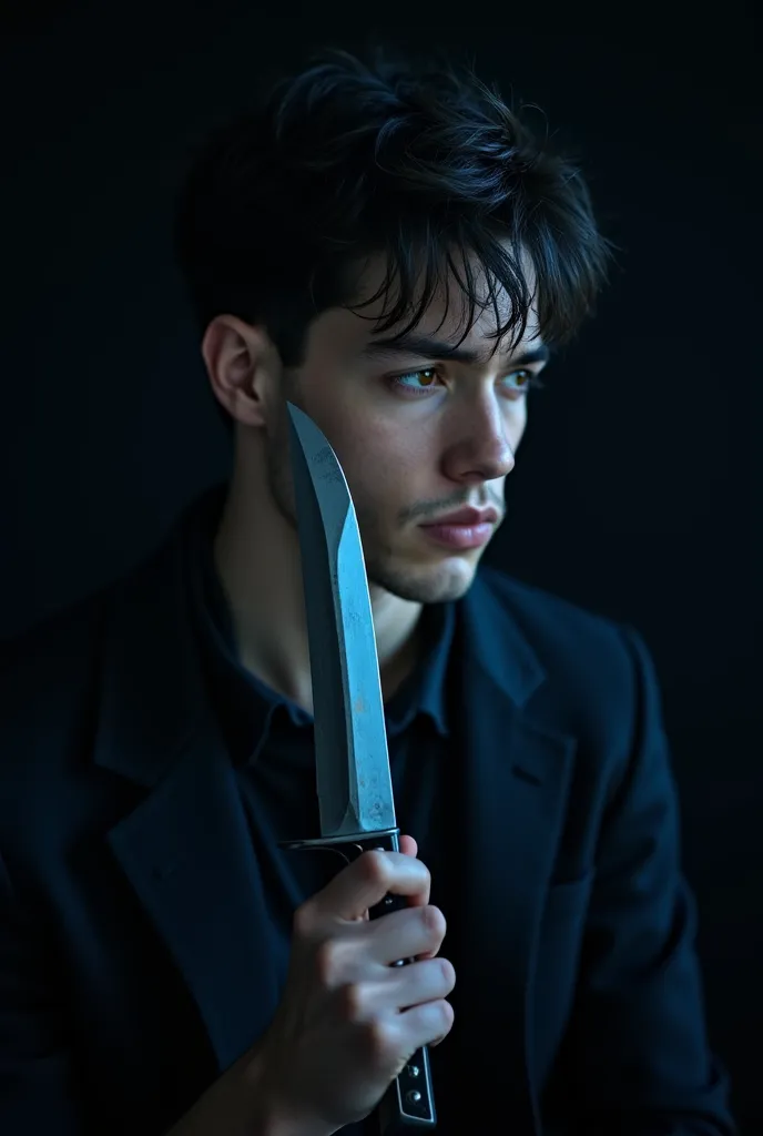 A cover showing a very attractive adolescent man who reflects sadness with black and a little blue backgrounds holding a blue-blooded knife 