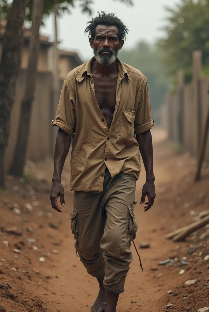 
Black African brown man poor adult young face, Wearing a shabby shirt and worn pants,The footsteps of the boots echo, Getting closer and closer.