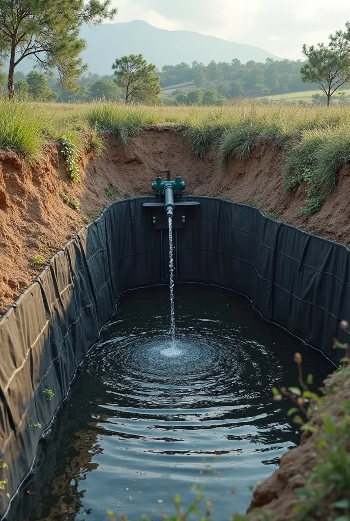 water reservoir excavated in the ground with black plastic cover filled with rain runoff and with a pipe installation with photovoltaic solar pumping 