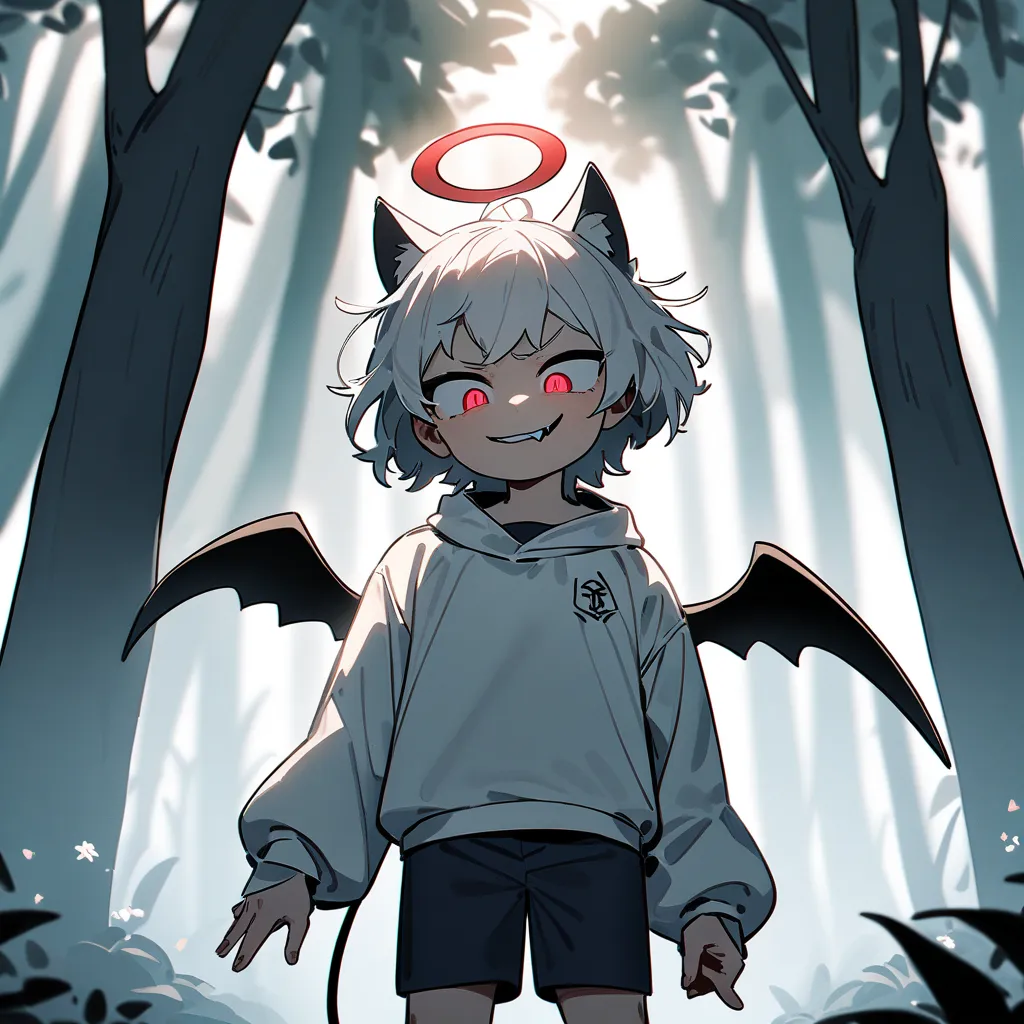 （masterpiece：1.ad），8K，Alta resolución， a seven-year-old boy，cute boy，white hair，short hair，light red eyes，dilated pupils， choke，cat ears，evil smile， Fang outside ，halo， He has black wings on his back .，wearing a white sweatshirt ，dark blue shorts，Standing ...