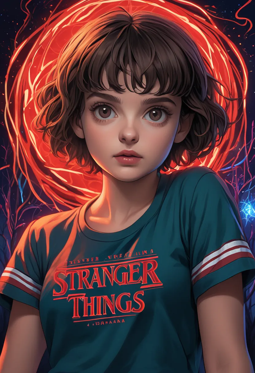 Create a modern and viral shirt print, inspirada na serie stranger things. Use elements from series 4 season. 