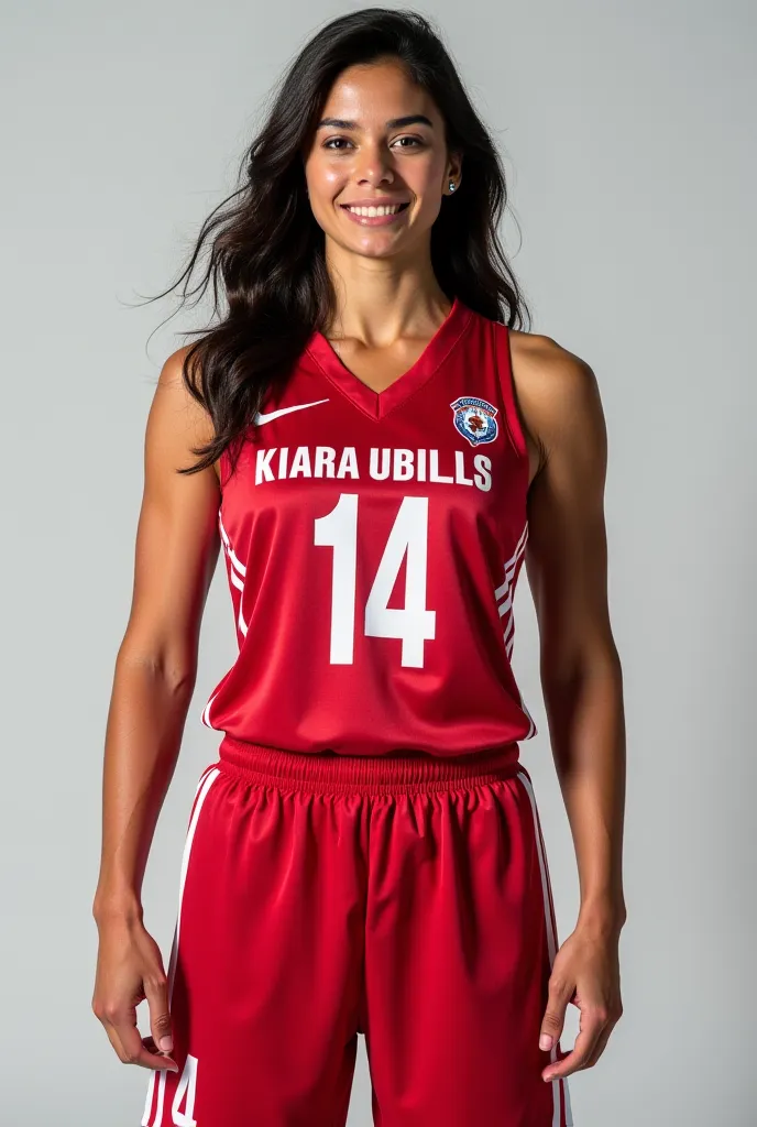 Back photo wearing the basque uniform with the name Kiara Ubillus and the number 14 female trigueña wavy hair with a female body,professional photo 