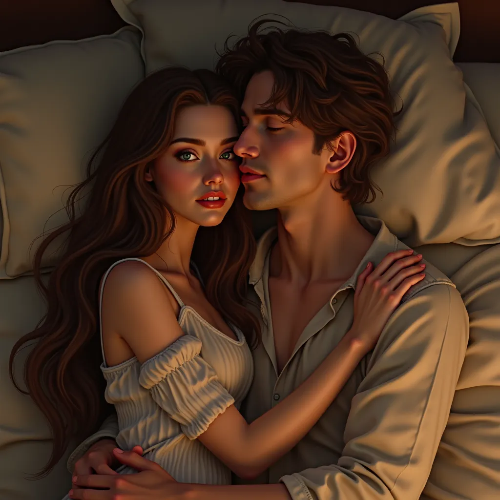 Cuddled couple where the woman has long brown hair and black eyes and the man has brown hair and green eyes