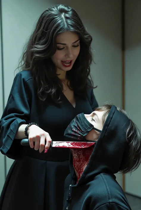 Realistic, A Very beautiful woman, cut throat a boy, boy full face mask close, neck bloody splash, neck slashed, throat contents, boy dead, woman knife, woman very thick hair, woman rich beauty, boy hoodie, woman kill boy, woman white dress, woman very big...