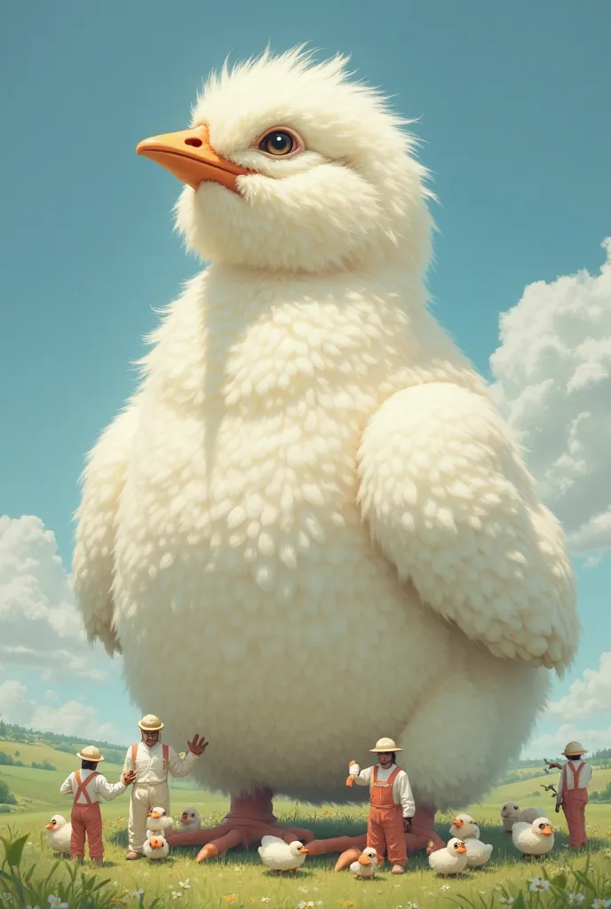 A large white chick with small workers next to it who clean it and brush its hair with a hair brush