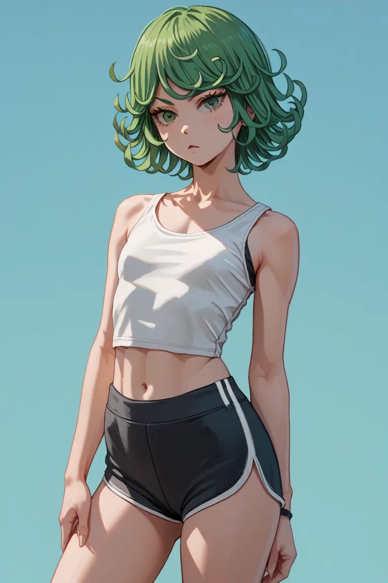 1 girl, short wavy green hair, Tatsumaki, white cropped tank top, sports shorts 