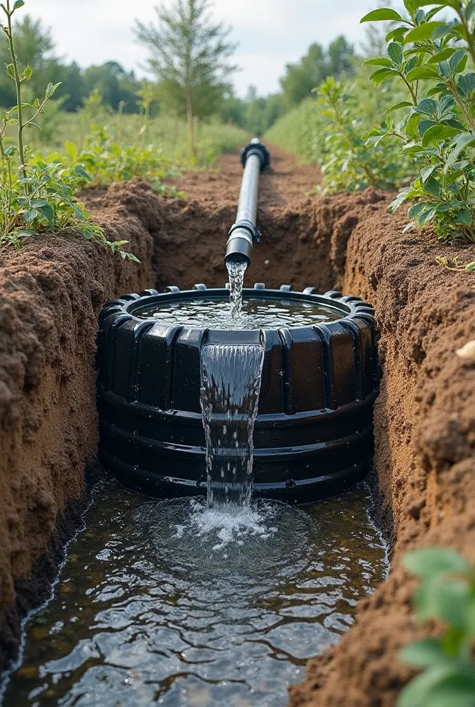 water reservoir excavated in the ground with black plastic cover filled with rain runoff and with a pipe installation that draws the water collected by a photovoltaic solar pumping unit and distribution pipe to plots 