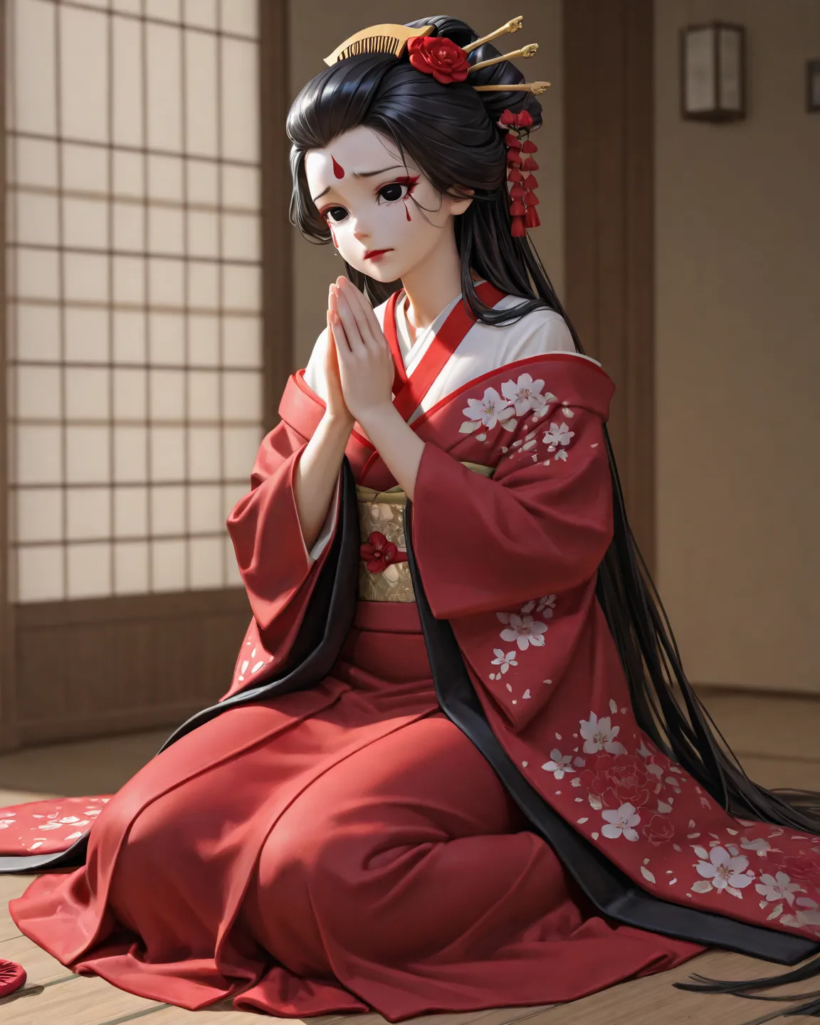 high quality,4K,Realistic,Exquisite and detailed, professional ,Geisha's,Long Hair and Knee,Japanese Comb,Short Frontal Curls,All Black Eyes,red eye shadow,Exquisite Makeup,Dark Red Kimono,Floor-length Skirt,red lining and neckline,Waist Red Floral Fabric,...